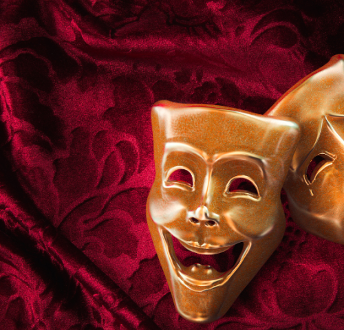 Theater masks over red curtain / 3D rendering